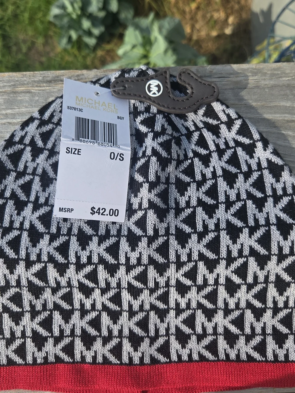 Michael Kors Kids Black & White Logo Beanie with Red Trim